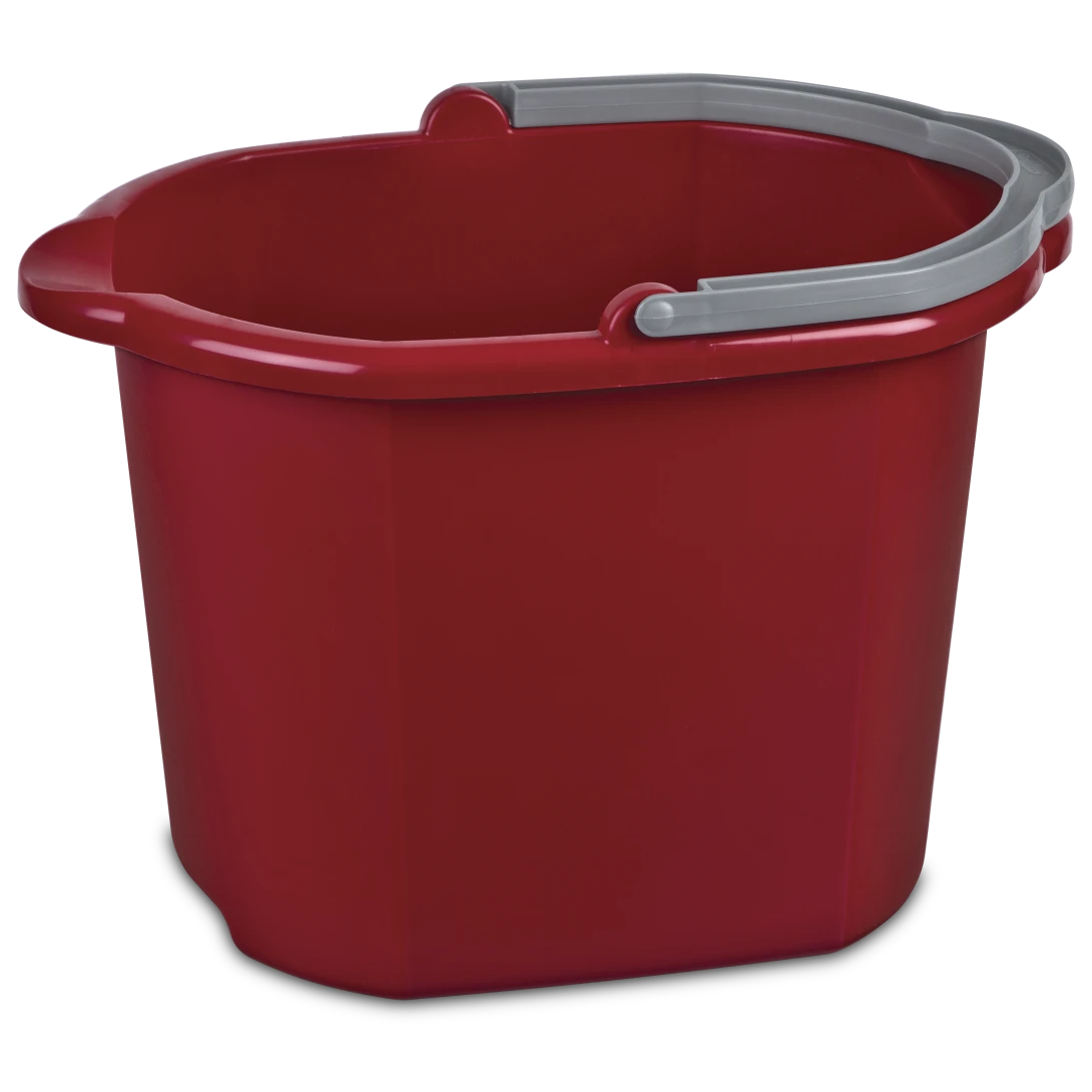 Sterilite 1121 16 quart classic red plastic dual spout pail utility bucket showing titanium metal bail handle and molded double pour spouts