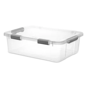 Sterilite 1394 40 quart clear HingeLID storage box with flat gray latching handles and attached transparent lid