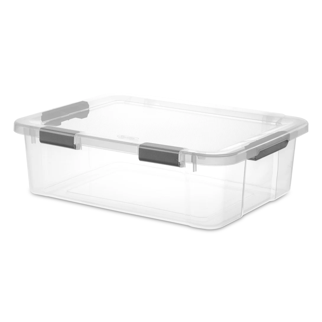 Sterilite 1394 40 quart clear HingeLID storage box with flat gray latching handles and attached transparent lid