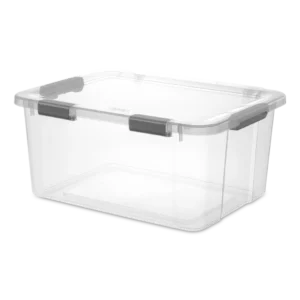 Sterilite 1396 60 quart clear HingeLID storage box with flat gray latching handles and attached transparent lid
