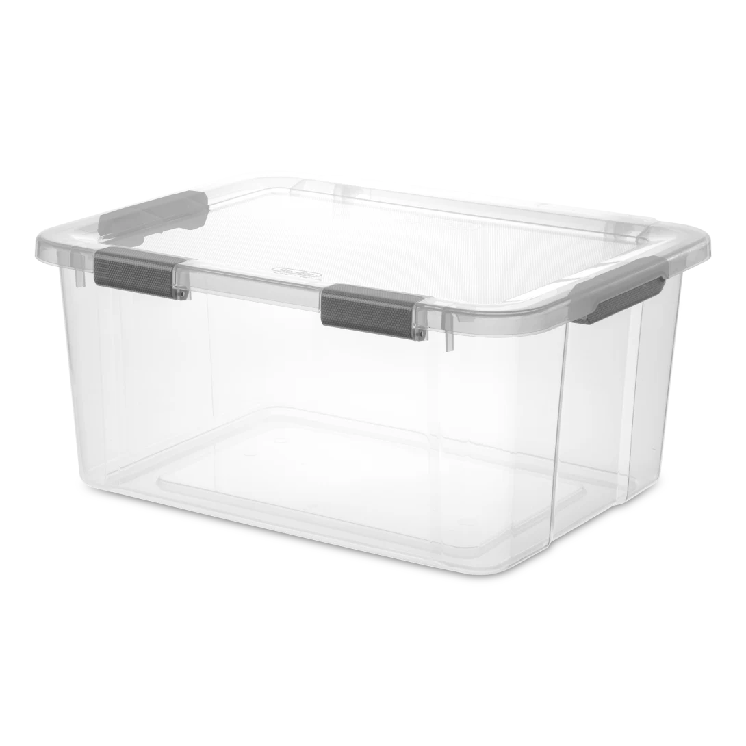 Sterilite 1396 60 quart clear HingeLID storage box with flat gray latching handles and attached transparent lid