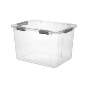 Sterilite 1398 80 quart clear HingeLID storage box with flat gray latching handles and attached transparent lid