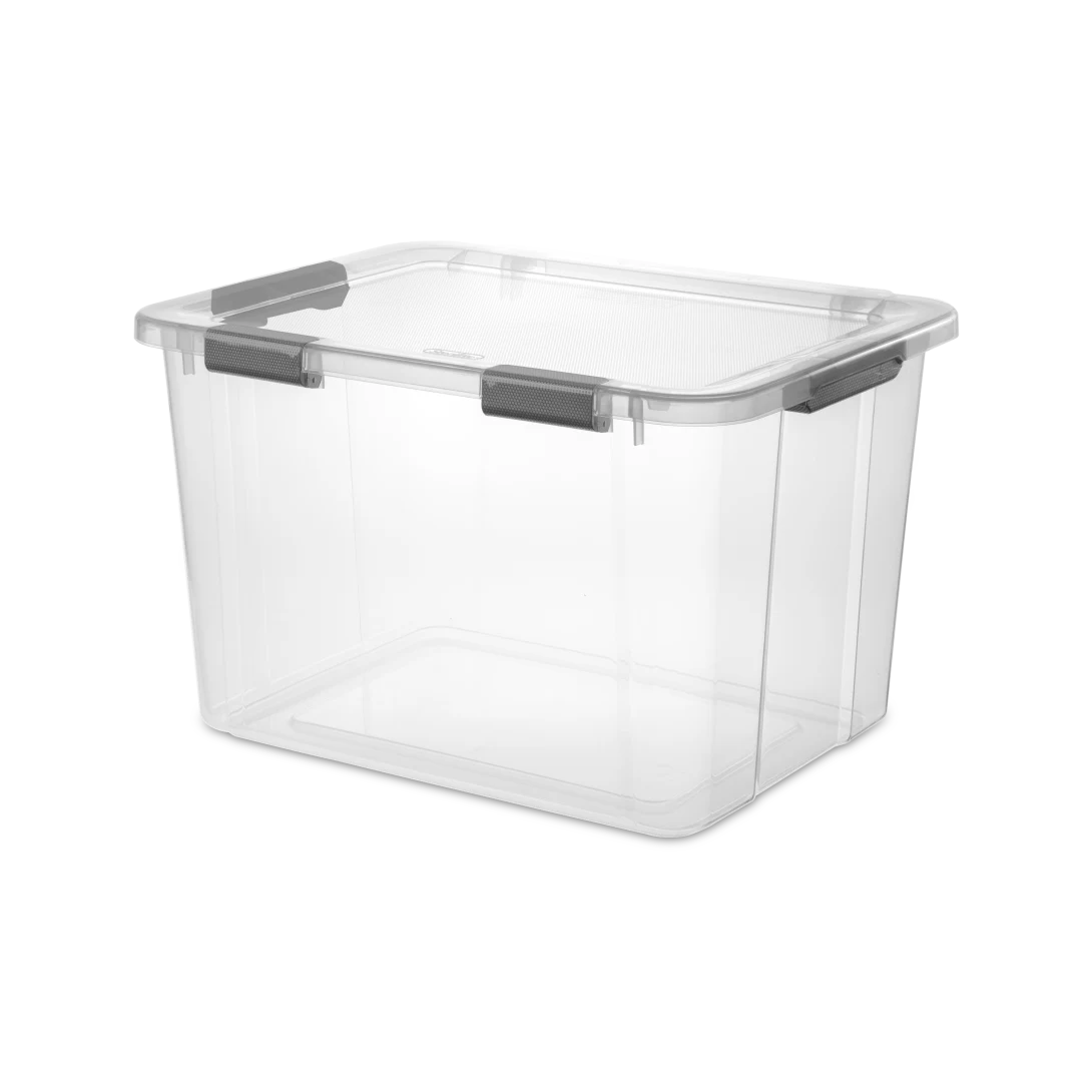 Sterilite 1398 80 quart clear HingeLID storage box with flat gray latching handles and attached transparent lid