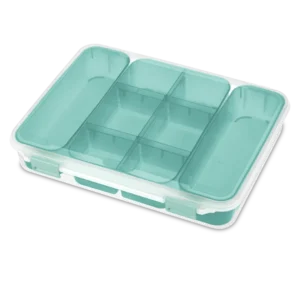 Sterilite 1402 divided storage case in clear transparent plastic with aqua chrome latches and molokai blue tint inner tray compartments