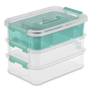 Sterilite 1413 Stack and Carry 3 layer handle box in clear plastic with aqua chrome handle latches and molokai blue tint tray