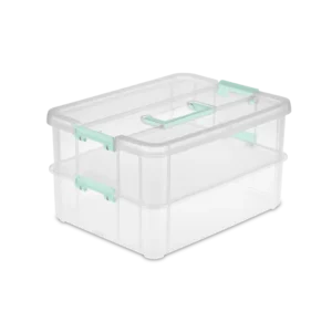 Sterilite 1422 Stack and Carry 2 layer handle box in clear plastic with aqua chrome handle and side latches