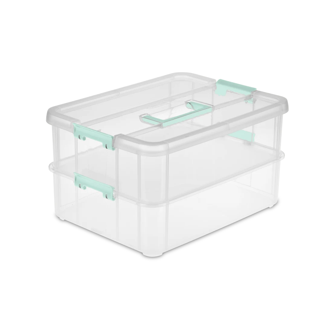 Sterilite 1422 Stack and Carry 2 layer handle box in clear plastic with aqua chrome handle and side latches