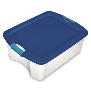 Sterilite 1444 12 gallon Latch and Carry tote in clear plastic with true blue lid and blue aquarium pass-through latch handles