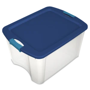Sterilite 1446 18 gallon Latch and Carry tote in clear plastic with true blue lid and blue aquarium pass-through latch handles