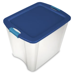 Sterilite 1448 26 gallon Latch and Carry tote in clear plastic with true blue lid and blue aquarium pass-through latch handles
