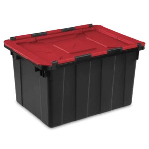 Sterilite 1461 12 gallon industrial hinged lid storage tote in black heavy duty plastic with racer red lid