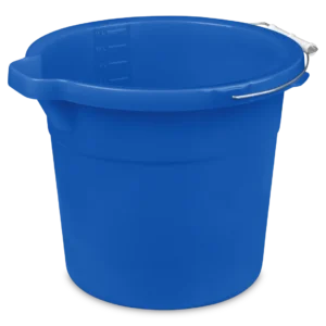 Sterilite 1123 12 quart blue morpho plastic spout pail utility bucket showing wire handle with white plastic grip and pour spout
