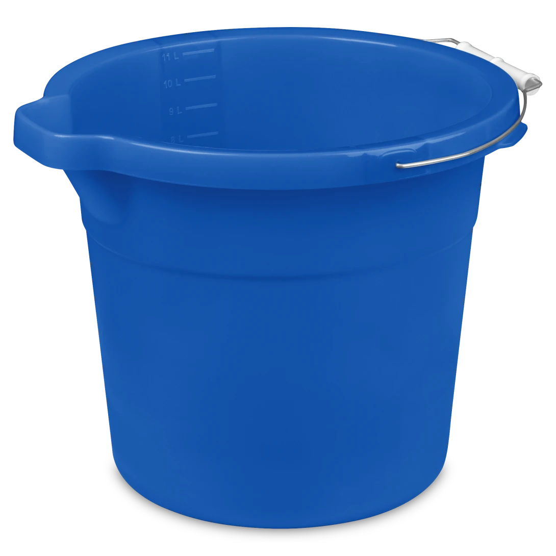Sterilite 1123 12 quart blue morpho plastic spout pail utility bucket showing wire handle with white plastic grip and pour spout