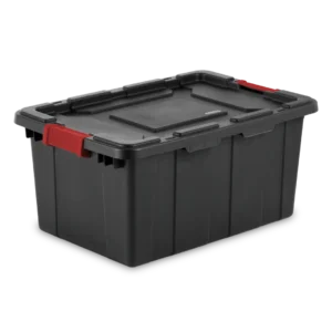 Sterilite 1464 15 gallon industrial storage tote in black heavy duty plastic with racer red locking latches