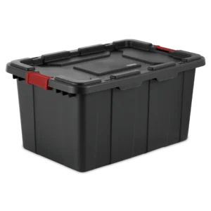 Sterilite 1466 27 gallon industrial storage tote in black heavy duty plastic with racer red locking latches