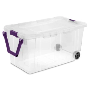 Sterilite 1468 160 quart clear wheeled storage box with sweet plum locking latches, clear lid and base, and black wheels