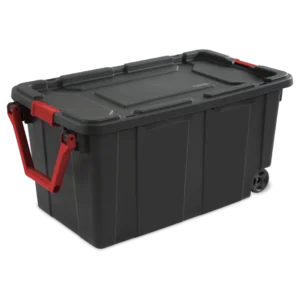 Sterilite 1469 40 gallon wheeled industrial storage tote in black heavy duty plastic with racer red pull handle and locking latches