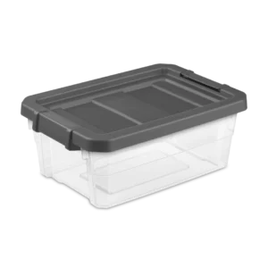 Sterilite 1472 16 quart modular stacker storage box featuring clear base, flat gray lid, and locking side latches