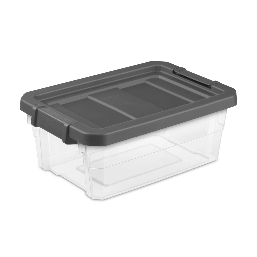 Sterilite 1472 16 quart modular stacker storage box featuring clear base, flat gray lid, and locking side latches