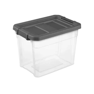 Sterilite 1473 30 quart modular stacker storage box featuring clear base, flat gray lid, and locking side latches