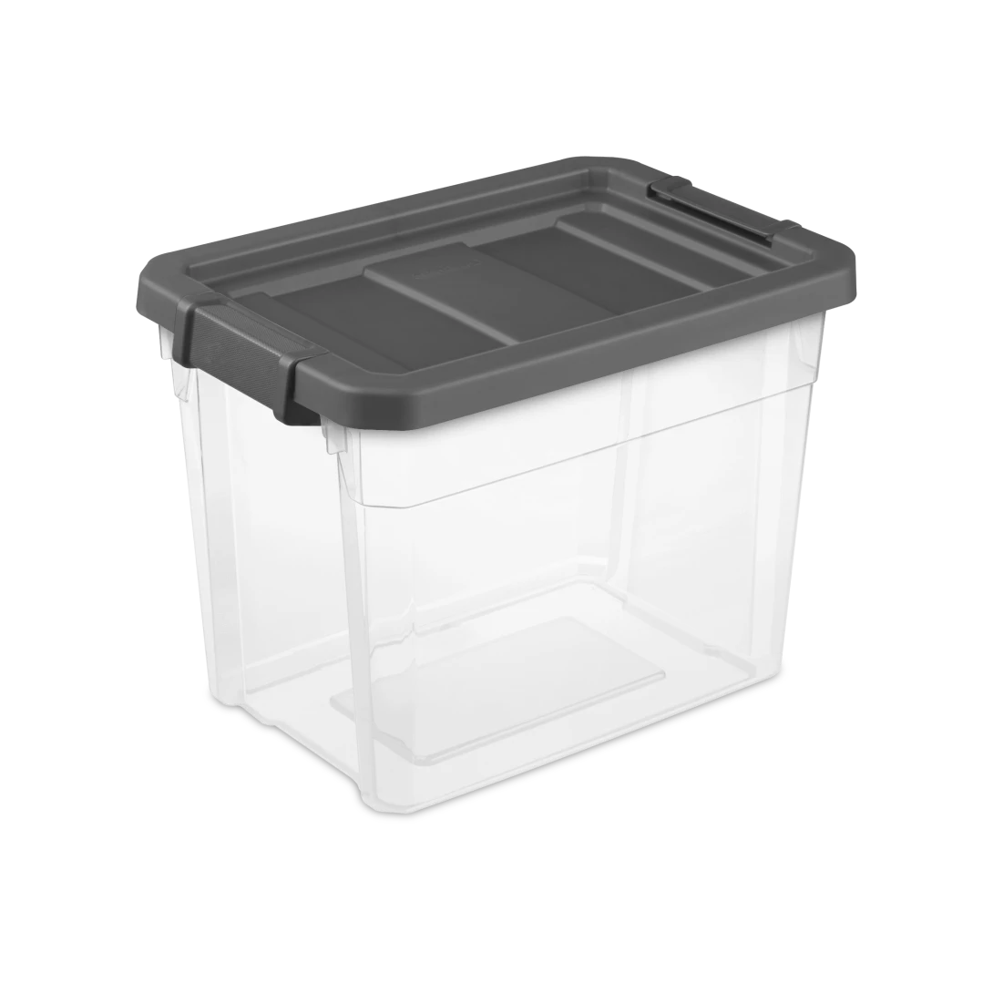 Sterilite 1473 30 quart modular stacker storage box featuring clear base, flat gray lid, and locking side latches
