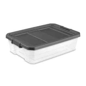 Sterilite 1474 40 quart modular stacker storage box featuring clear base, flat gray lid, and locking side latches