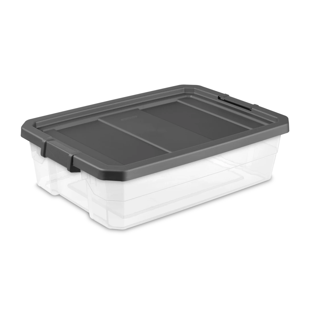 Sterilite 1474 40 quart modular stacker storage box featuring clear base, flat gray lid, and locking side latches