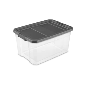 Sterilite 1476 76 quart modular stacker storage box featuring clear base, flat gray lid, and locking side latches