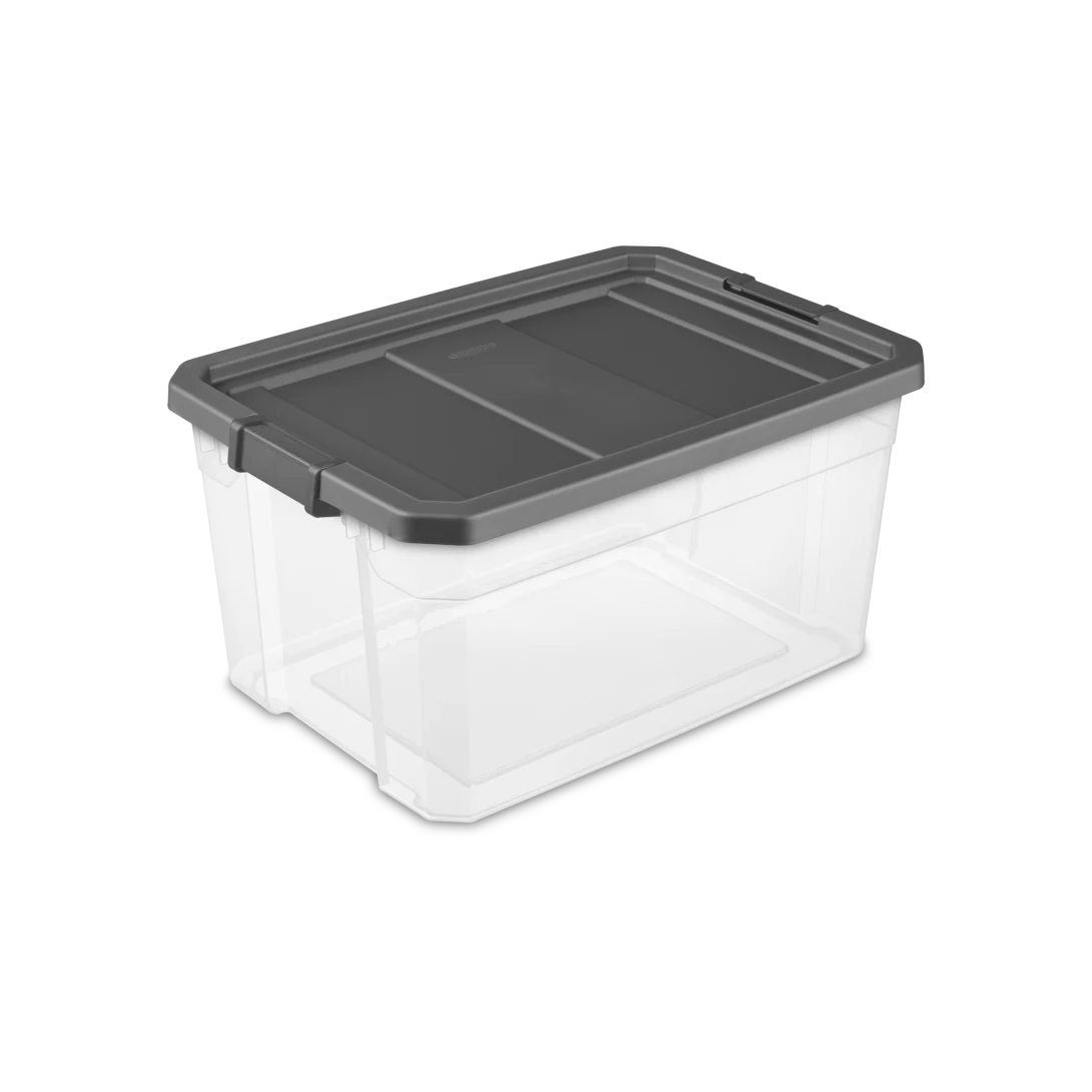 Sterilite 1476 76 quart modular stacker storage box featuring clear base, flat gray lid, and locking side latches
