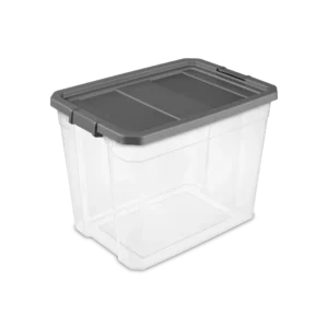 Sterilite 1478 108 quart modular stacker storage box featuring clear base, flat gray lid, and locking side latches