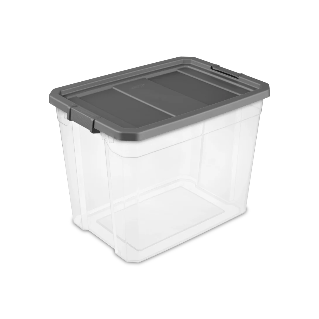 Sterilite 1478 108 quart modular stacker storage box featuring clear base, flat gray lid, and locking side latches