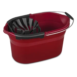 Sterilite 1129 17.5 quart classic red plastic mop bucket showing removable black wringer attachment and metal wire handle with black grip