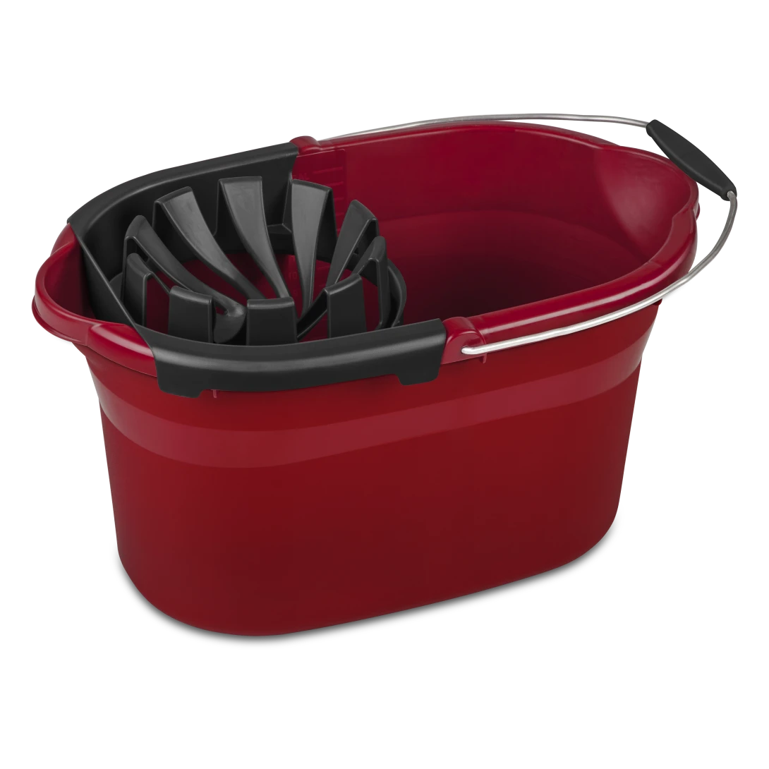 Sterilite 1129 17.5 quart classic red plastic mop bucket showing removable black wringer attachment and metal wire handle with black grip