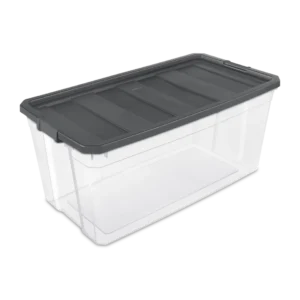 Sterilite 1479 200 quart modular stacker storage box featuring clear base, flat gray lid, and locking side latches