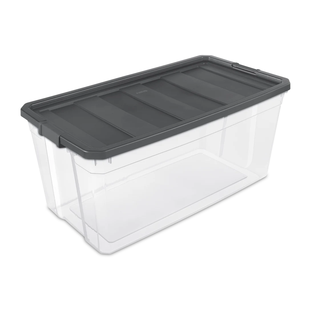 Sterilite 1479 200 quart modular stacker storage box featuring clear base, flat gray lid, and locking side latches