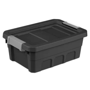 Sterilite 1482 4 gallon modular stacker storage tote in black heavy duty plastic with titanium locking side latches