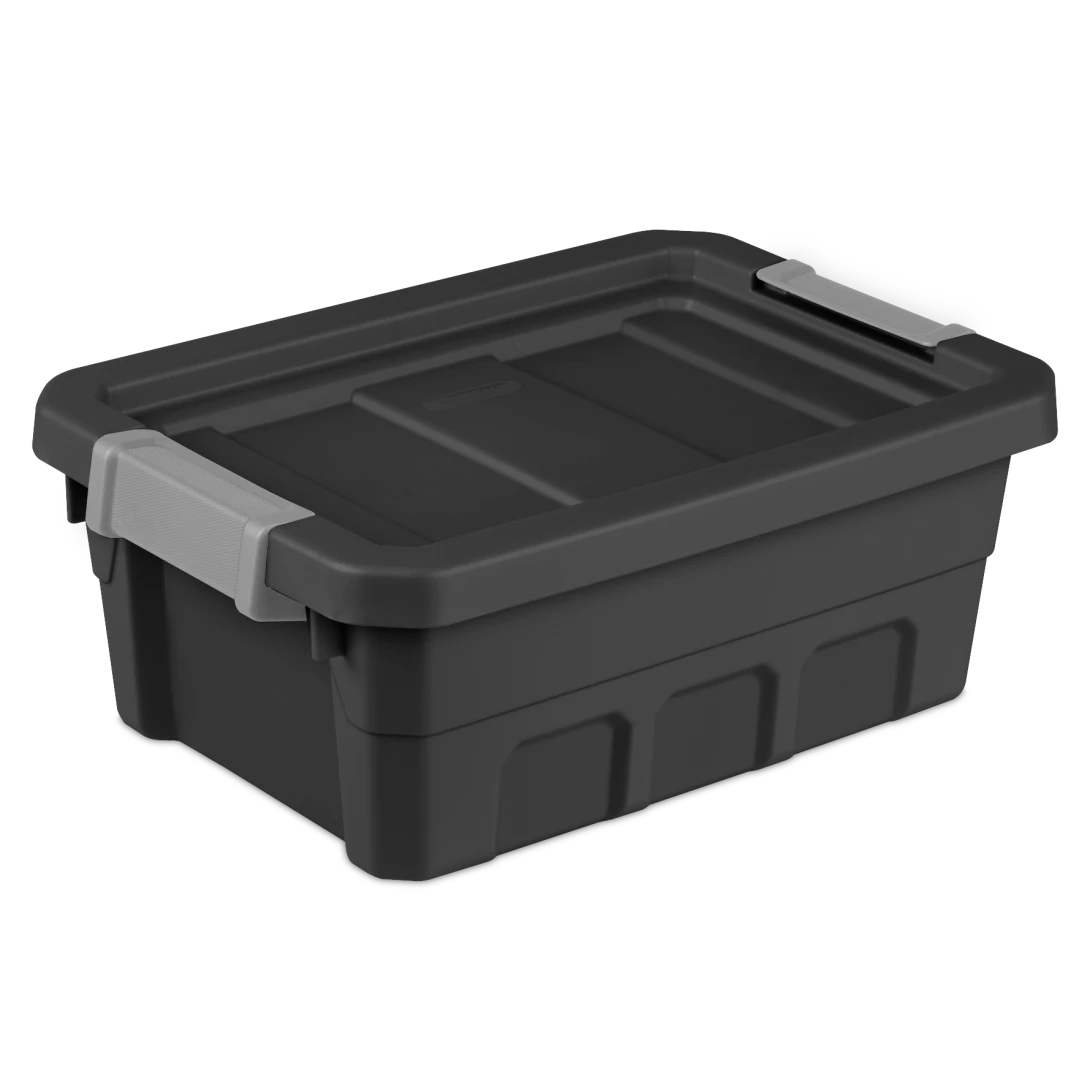 Sterilite 1482 4 gallon modular stacker storage tote in black heavy duty plastic with titanium locking side latches