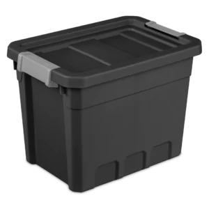 Sterilite 1483 7.5 gallon modular stacker storage tote in black heavy duty plastic with titanium locking side latches