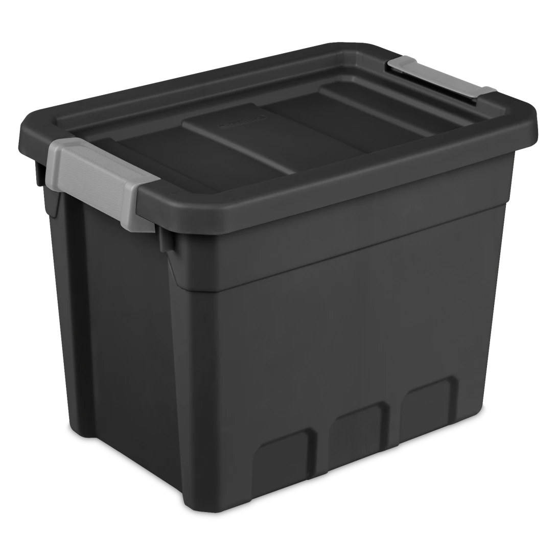Sterilite 1483 7.5 gallon modular stacker storage tote in black heavy duty plastic with titanium locking side latches