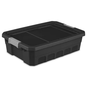 Sterilite 1484 10 gallon modular stacker storage tote in black heavy duty plastic with titanium locking side latches