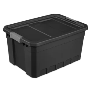 Sterilite 1486 19 gallon modular stacker storage tote in black heavy duty plastic with titanium locking side latches