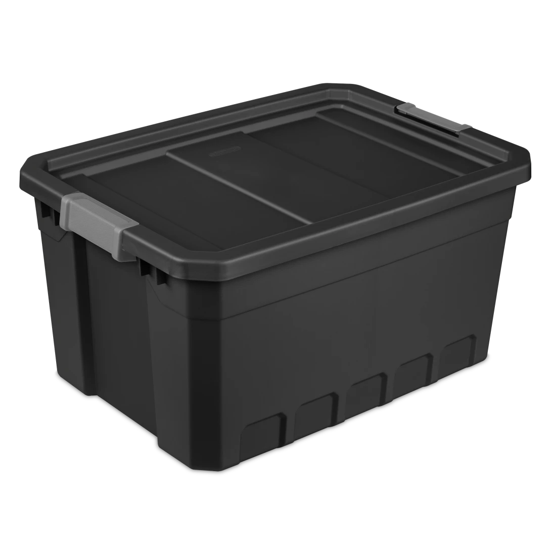 Sterilite 1486 19 gallon modular stacker storage tote in black heavy duty plastic with titanium locking side latches