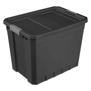Sterilite 1488 27 gallon modular stacker storage tote in black heavy duty plastic with titanium locking side latches