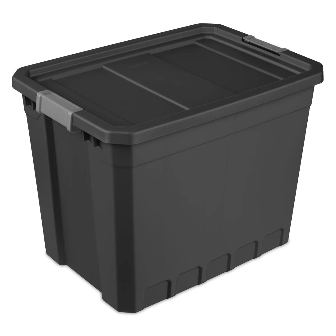 Sterilite 1488 27 gallon modular stacker storage tote in black heavy duty plastic with titanium locking side latches