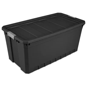 Sterilite 1489 50 gallon modular stacker storage tote in black heavy duty plastic with titanium locking side latches