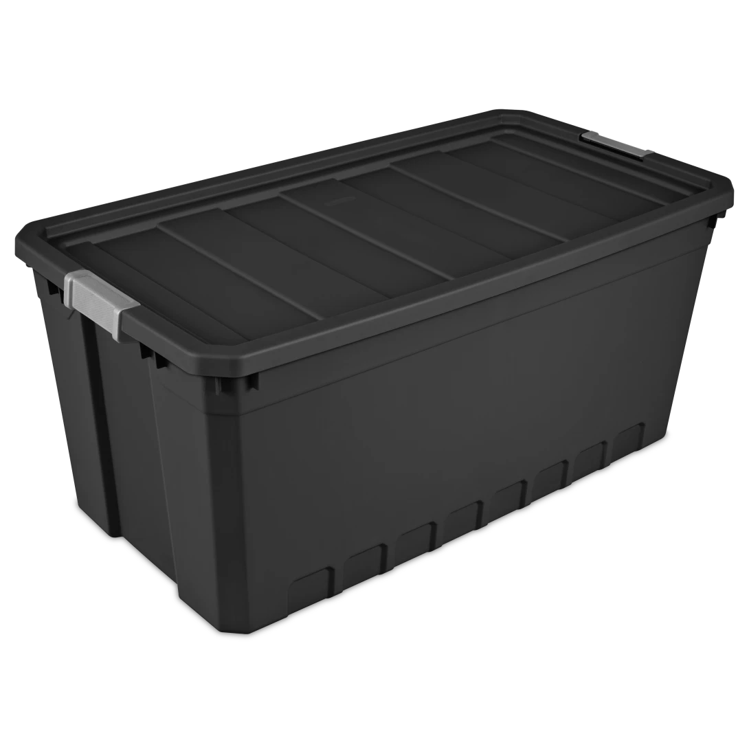 Sterilite 1489 50 gallon modular stacker storage tote in black heavy duty plastic with titanium locking side latches