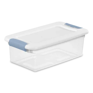 Sterilite 1492 6 quart latching storage box featuring a clear base, crisp white lid, and washed blue locking side latches