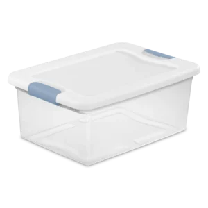 Sterilite 1494 15 quart latching storage box featuring a clear base, crisp white lid, and washed blue locking side latches