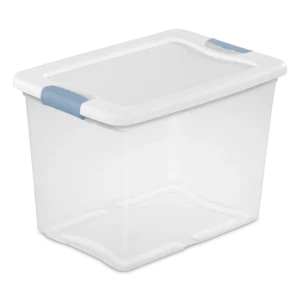 Sterilite 1495 25 quart latching storage box featuring a clear base, crisp white lid, and washed blue locking side latches