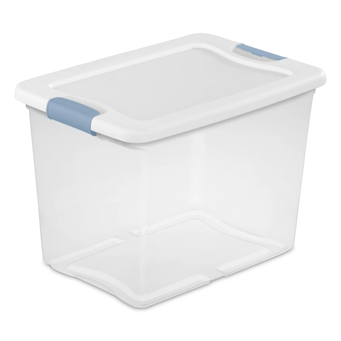 Sterilite 1495 25 quart latching storage box featuring a clear base, crisp white lid, and washed blue locking side latches